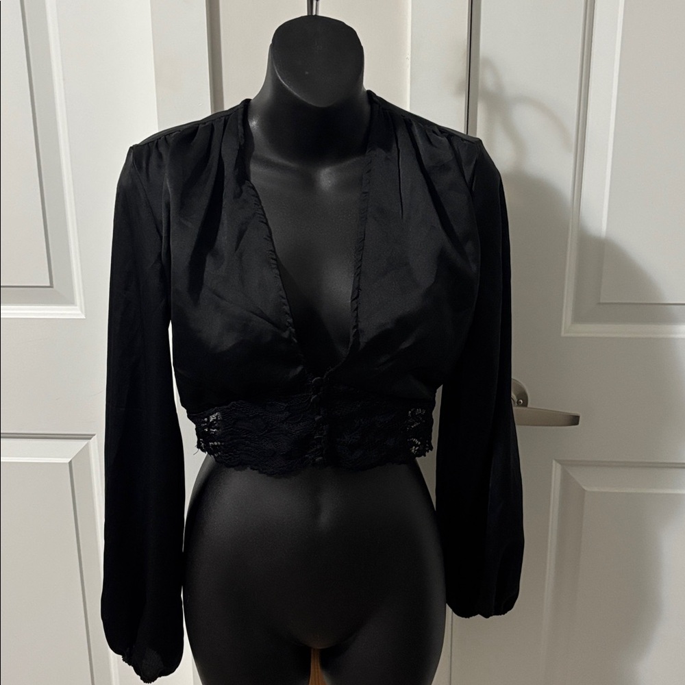 $8 ADD ON Nasty Gal Black Satin Long Sleeve Crop
